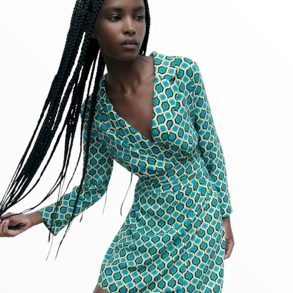 ZARA | Blue/Green | GEOMETRIC PRINT BLAZER DRESS - Picture 6 of 10